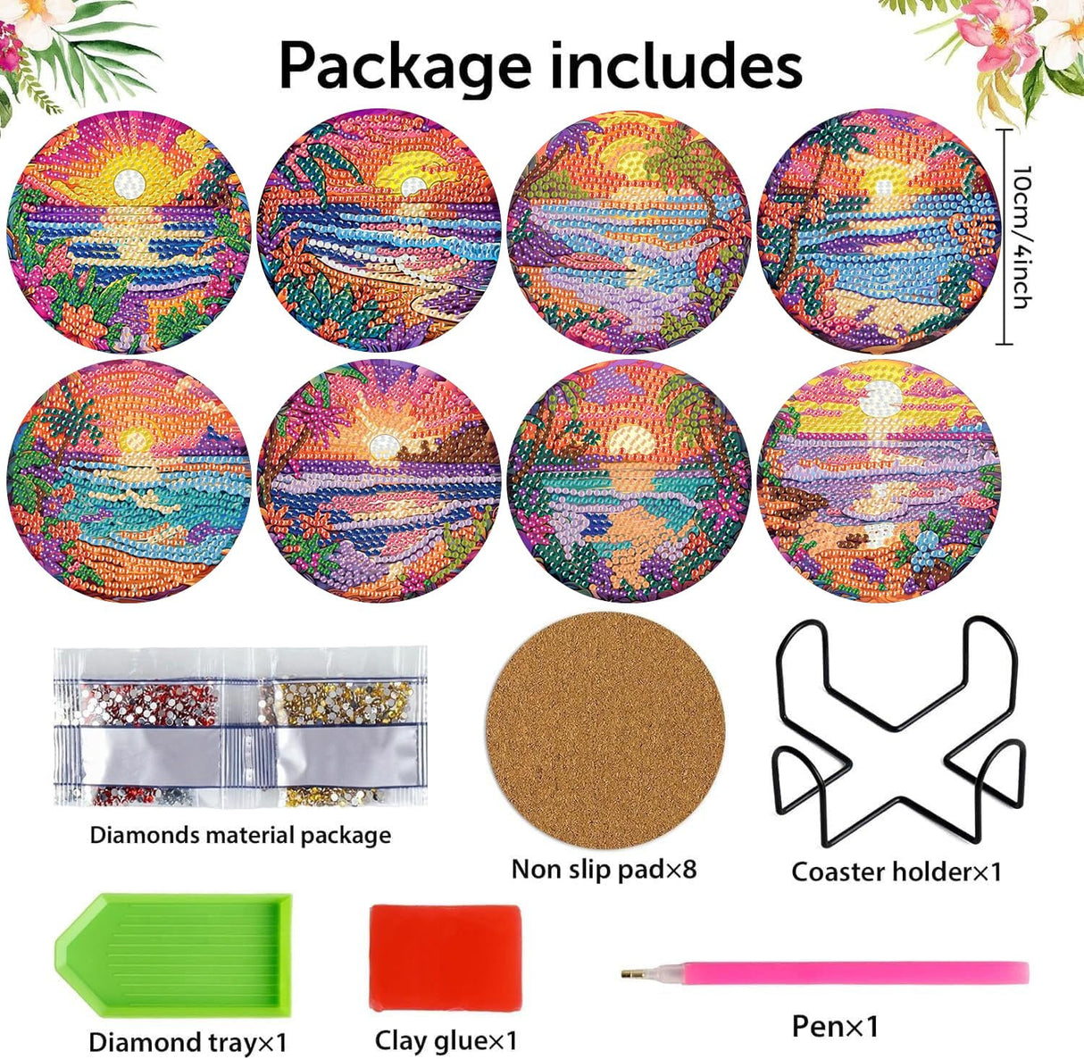 Meothan 8 Pcs Diamond Art Coasters kit with Holder Cork Pads, Diamond Dot Art Painting Coasters Kit for Adults (Sunset Beach) Meothan