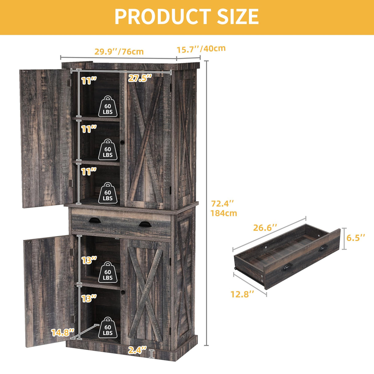 DWVO 72'' Farmhouse Kitchen Pantry, Rustic Wood Kitchen Storage Cabinets with Adjustable Shelves & Drawer, Tall Freestanding Cupboard for Dining Room, Living Room, Dark Gray DWVO