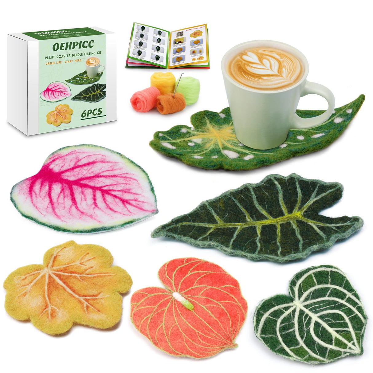 OEHPICC Needle Felting Kit, 6 PCS Plant Leaf Coasters Needle Felting Starter Kit,Wool Felting Kit with Wool Roving, Foam Pad and Instructions for DIY Felting Starters OEHPICC