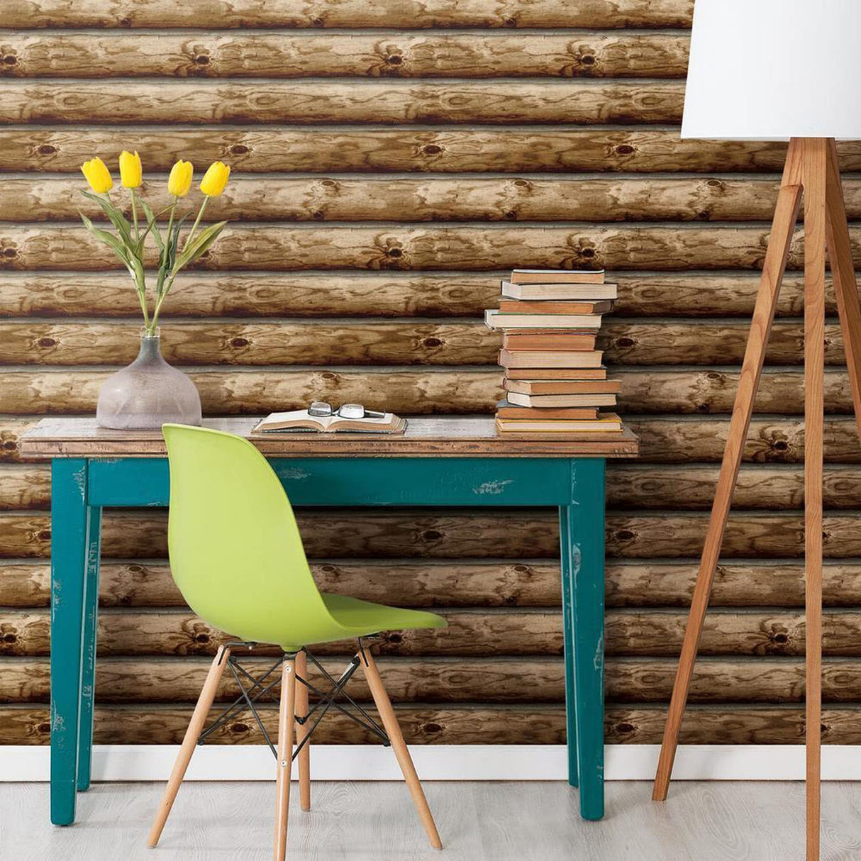 RoomMates RMK11308WP Brown Cabin Logs Peel and Stick Wallpaper RoomMates