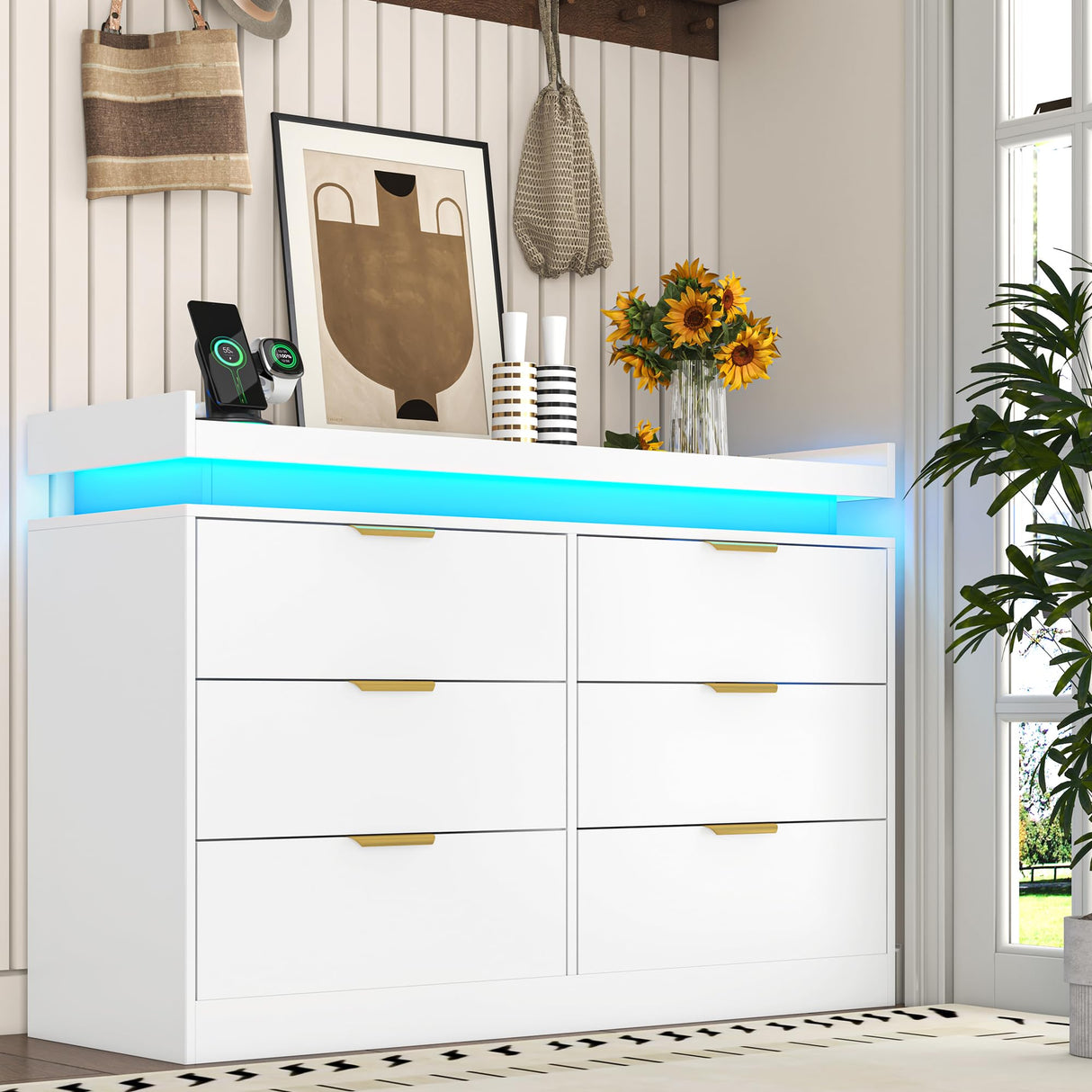 6 Drawer Dresser for Bedroom, White Dresser with LED Lights and Power Outlet, Modern Chest of Drawers for Closet, Double Wide Drawer Organizer Cabinet for Bedroom, Living Room, Entryway, Hallway knoworld