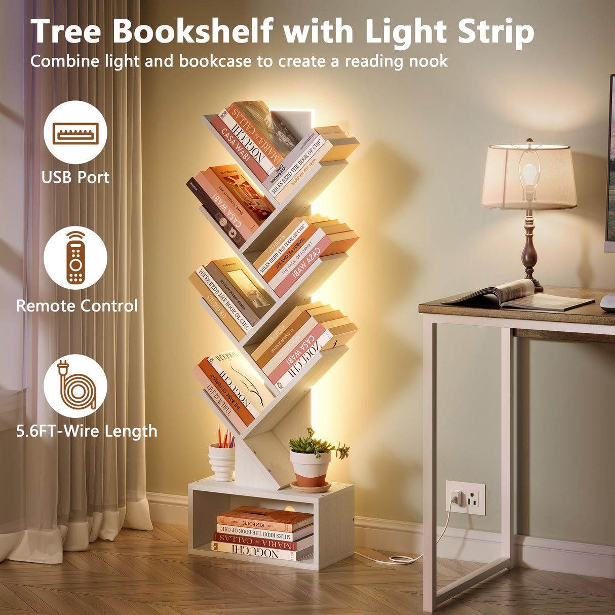 Hoctieon 6 Tier Tree Bookshelf, Tall Bookcase with Drawer, Freestanding Book Shelf with LED Lights, Display Floor Standing Storage Shelf, Book Organizer Shelves for Home Office, Living Room, White Hoctieon