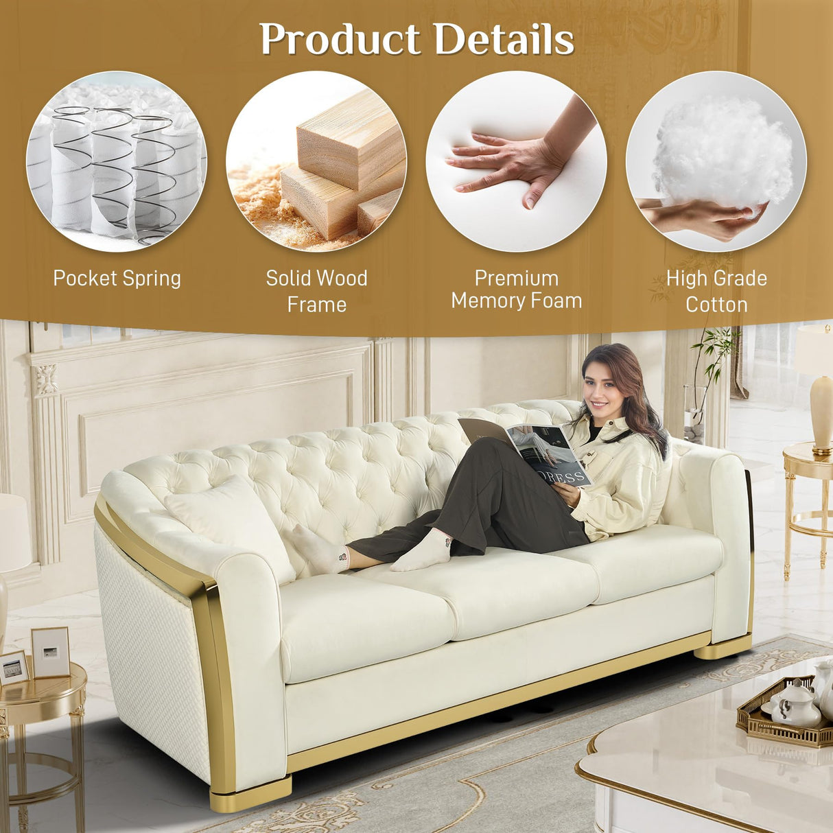 Nolohoo Luxury Velvet Chesterfield Sofa for Living Room, Comfy Mid Century Modern Victorian Couch Curved 3 Seater Deep Seat Couches Tufted Sofas with Gold Legs for Apartment, Cream White Nolohoo