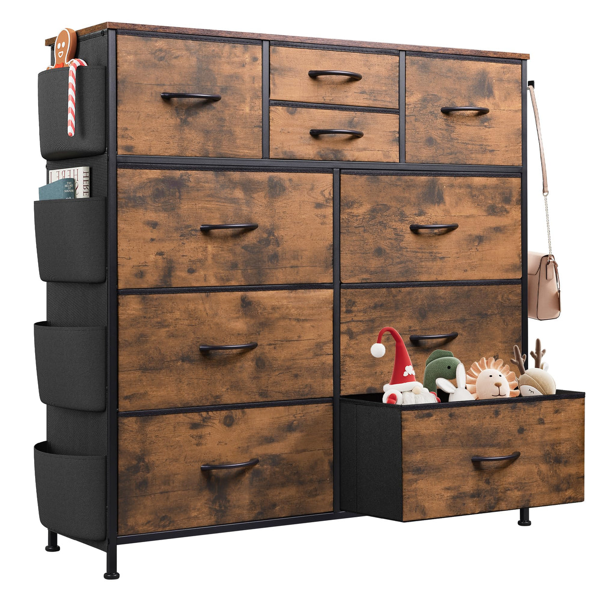 WLIVE Dresser for Bedroom with 10 Drawers, Fabric Dresser Chest of Drawers with Side Pockets and Hooks, Sturdy Metal Frame, Drawers Organizer Unit for Room, Hallway, Rustic Brown Wood Grain Print WLIVE