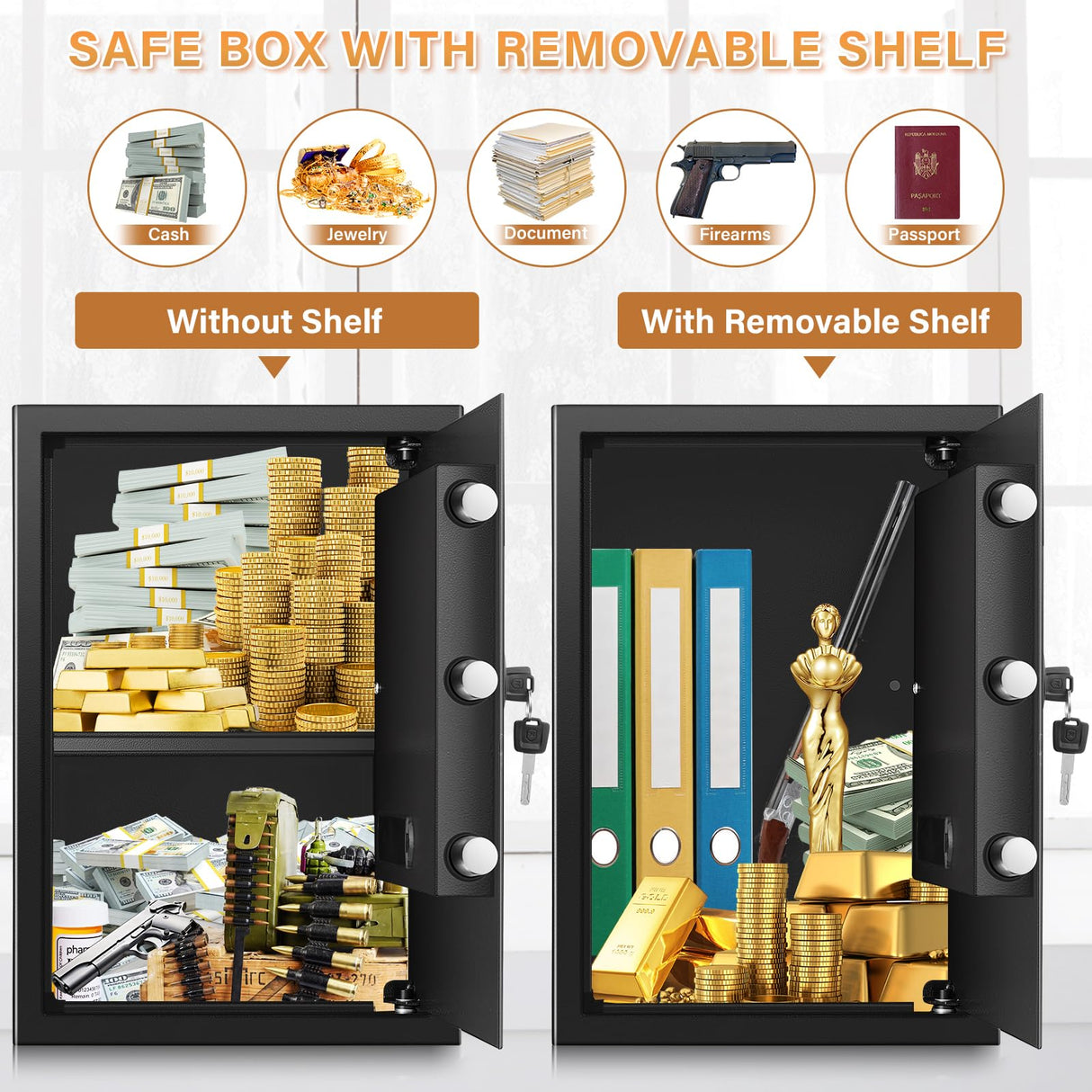 3.0 Cub Large Home Safe Fireproof Waterproof, Anti-theft Fireproof Safe Box with Programmable Keypad, Spare Keys and Removable Shelf, Digital Security Safe for Home Money Firearm Documents Medicines Bukumo