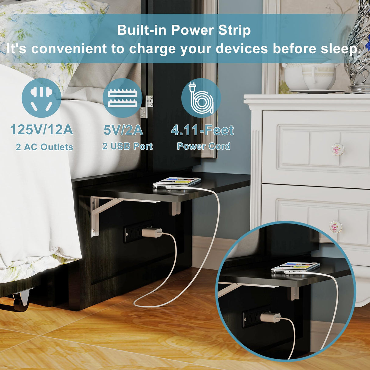 ClassyCabin Murphy Bed Queen Cabinet Without Mattress: Retro Black Wood Handle Murphy Bed Cabinet with USB Port & Small Shelves, Space Saving Wall Chest Bed with 2 Large Drawer for Home ClassyCabin