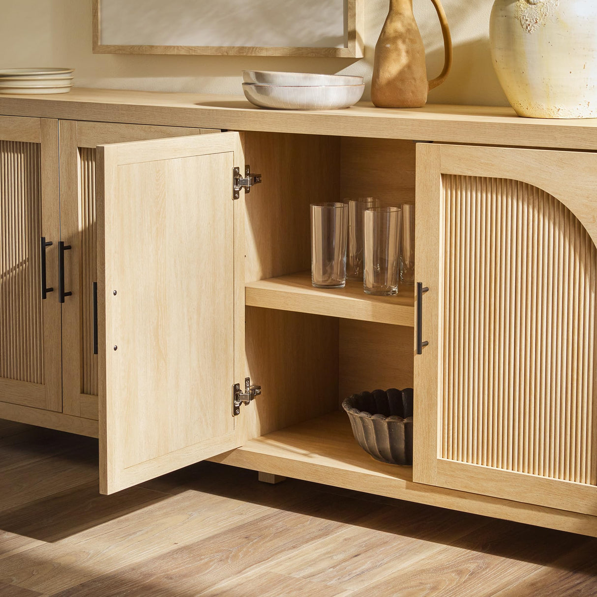 Walker Edison Sasha 4-Door Reeded Sideboard Buffet with Cord Management, 70 Inch, Coastal Oak Walker Edison