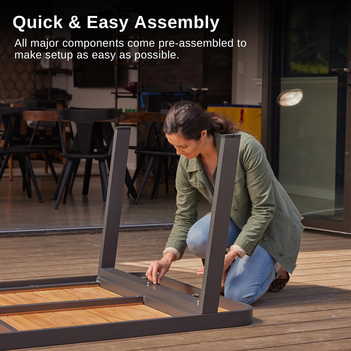 EAST OAK Signature 7 Pieces Outdoor Dining Set, Patio Furniture Set with Finest Teak Wood, Powder-Coated Aluminum Frame Table and Teslin Fabric Chairs, Patio Dining Set for Garden and Yard, Dark Grey EAST OAK