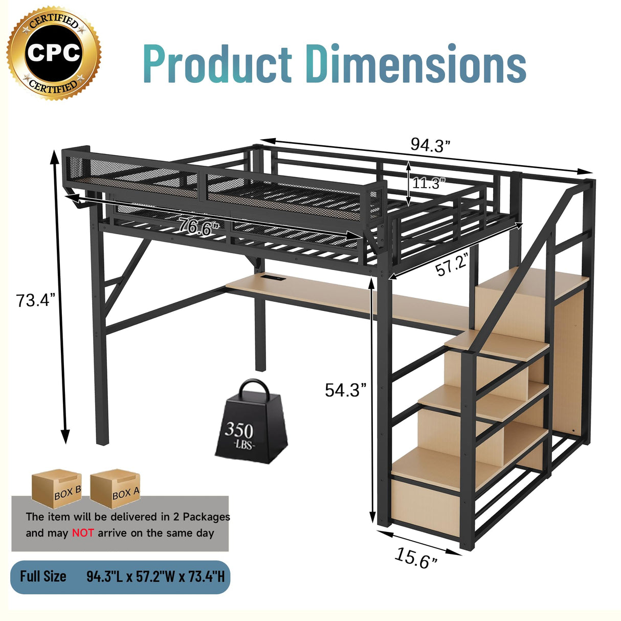 Full Loft Bed with Desk and RGB Light, Metal Loft Bed Frame with Stairs and Bedside Shelf, Heavy-Duty Lofts Beds with Storage Shelves and Wardrobe for Kids Teens, Black Mirightone
