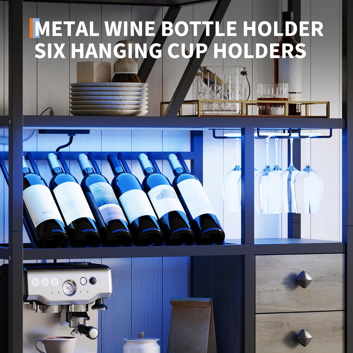 IDEALHOUSE Bar Cabinet with Wine Rack, Liquor Stand with Glass Holder & LED Lights, Coffee Sideboard Cabinet for Living Room, Home Bar IDEALHOUSE