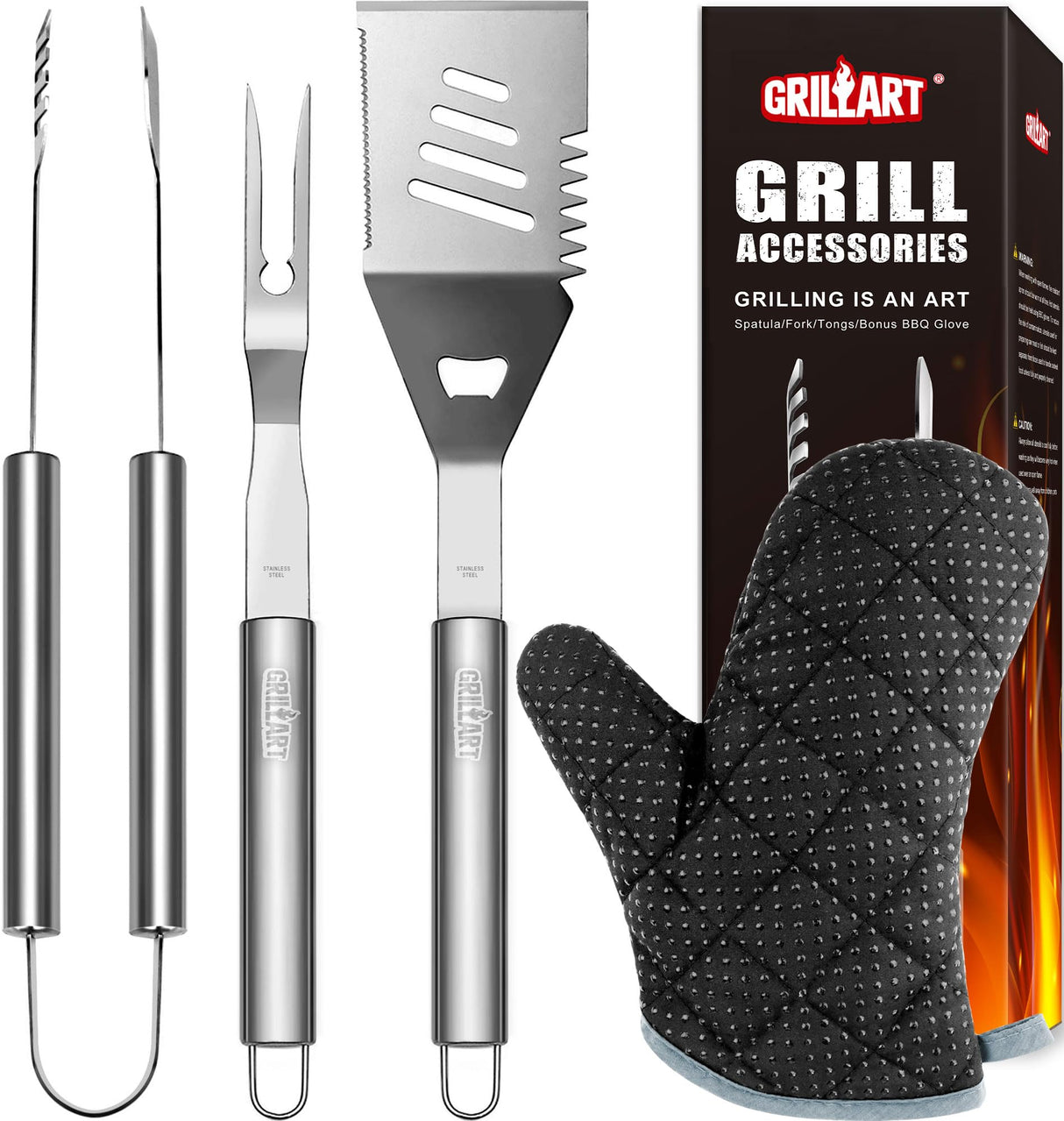 GRILLART Grill Tools Grill Utensils Set - 3PCS BBQ Tools, Stainless Barbeque Grill Accessories -Spatula/Tongs/Fork w/Insulated Glove, Ideal BBQ Set Grilling Tools for Outdoor Grill, Gifts for Men Dad GRILLART