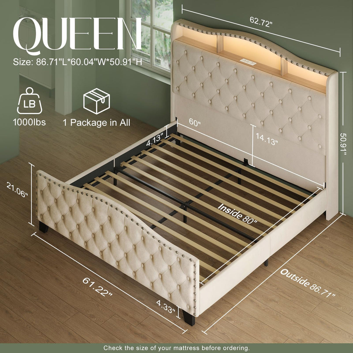 Belffin Queen Size Bed Frame and Headboard, 50.9" Velvet Upholstered Wingback Bedframe with LED Lights & Storage/Charging Station, Button Tufted Tall Footboard, No Box Spring Needed, Noise-Free, Beige Belffin