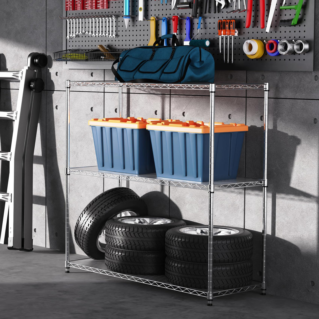 pouseayar 3 Tier NSF Metal Shelf Wire Shelving Unit, 1050lbs Capacity Heavy Duty Adjustable Storage Rack with Shelf Liners for Closet Kitchen Garage pouseayar