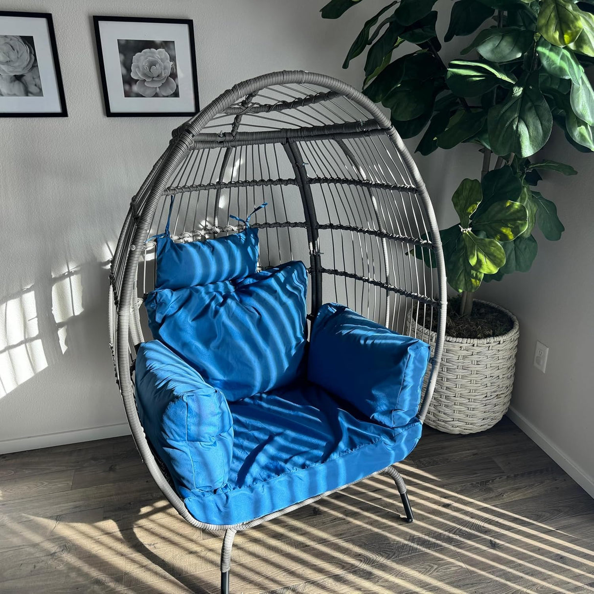 Wicker Egg Chair Outdoor - Patio Chair, Oversized Indoor Outdoor Lounger for Patio,Perfect for Backyard Lounger, & Balcony, Garden, Indoor, Steel Frame (Standing, Blue) Generic