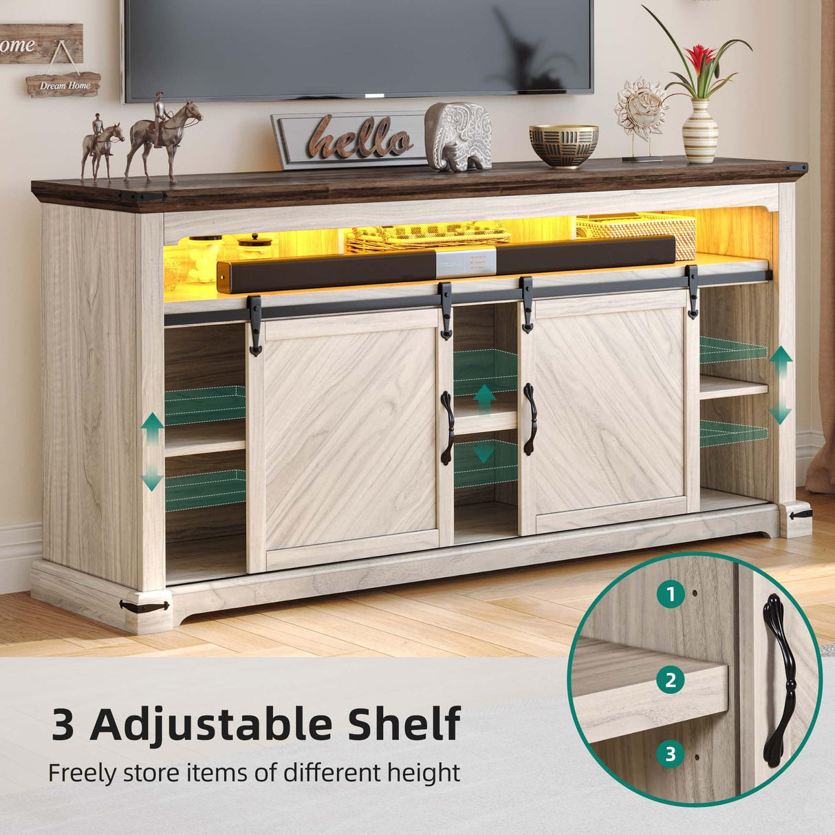 DWVO TV Stand for 75 Inch TV with Power Outlets, LED TV Stands Farmhouse Entertainment Center TV Media Console with Sliding Barn Doors for Living Room, Off White & Walnut Grain, Leaf TV Table DWVO