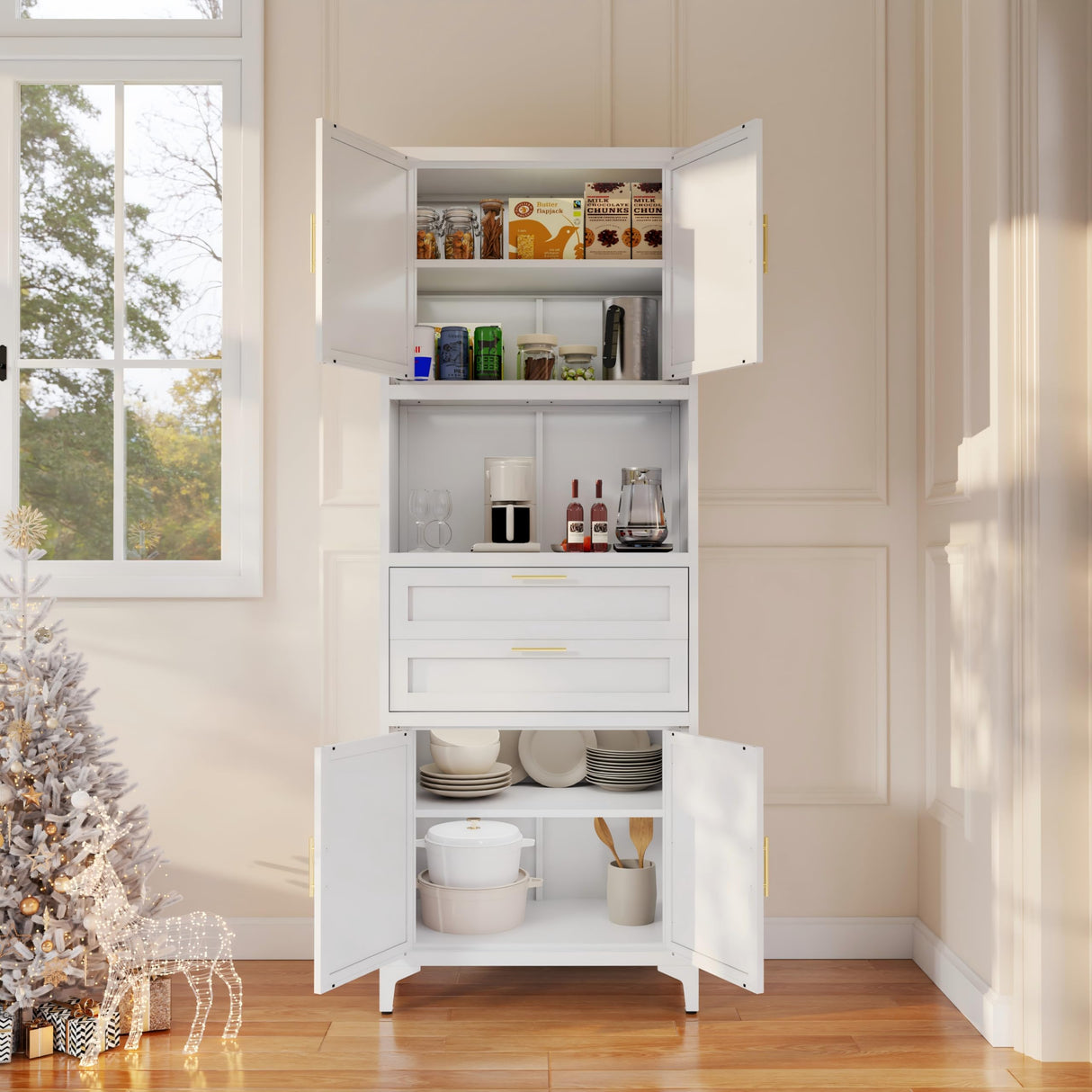 InaryLof 74.8"H Kitchen Storage Cabinet with 4 Doors and 2 Drawers, Open Countertop and Adjustable Tiers for Bathroom Storage,Tall Metal Cabinet For Kitchen, Dining Room, Living Room, Bathroom (White) InaryLof