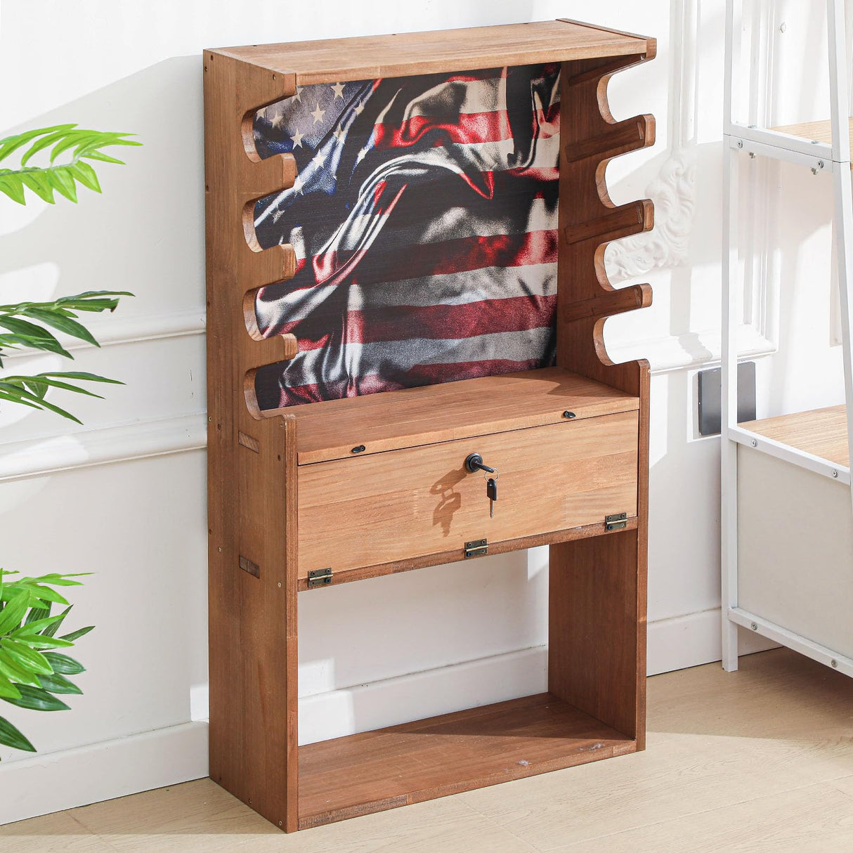 Colingmill Patriotic Wooden Gun Racks for 4 Rifles, American Flag Horizontal Gun Display Stand Cabinet Shelf with Storage Compartment for Shotgun Accessories, 35 x 20 x 13 Inch Colingmill