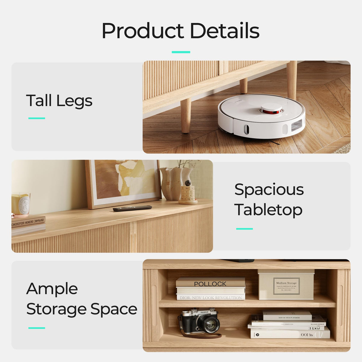 LINSY HOME TV Stand for 65" TV, Mid-Century Modern 58" Entertainment Center with Sliding Tambour Door and Storage Cabinet, Cruved TV Media Console Table for Living Room, Bedroom, Oak LINSY HOME