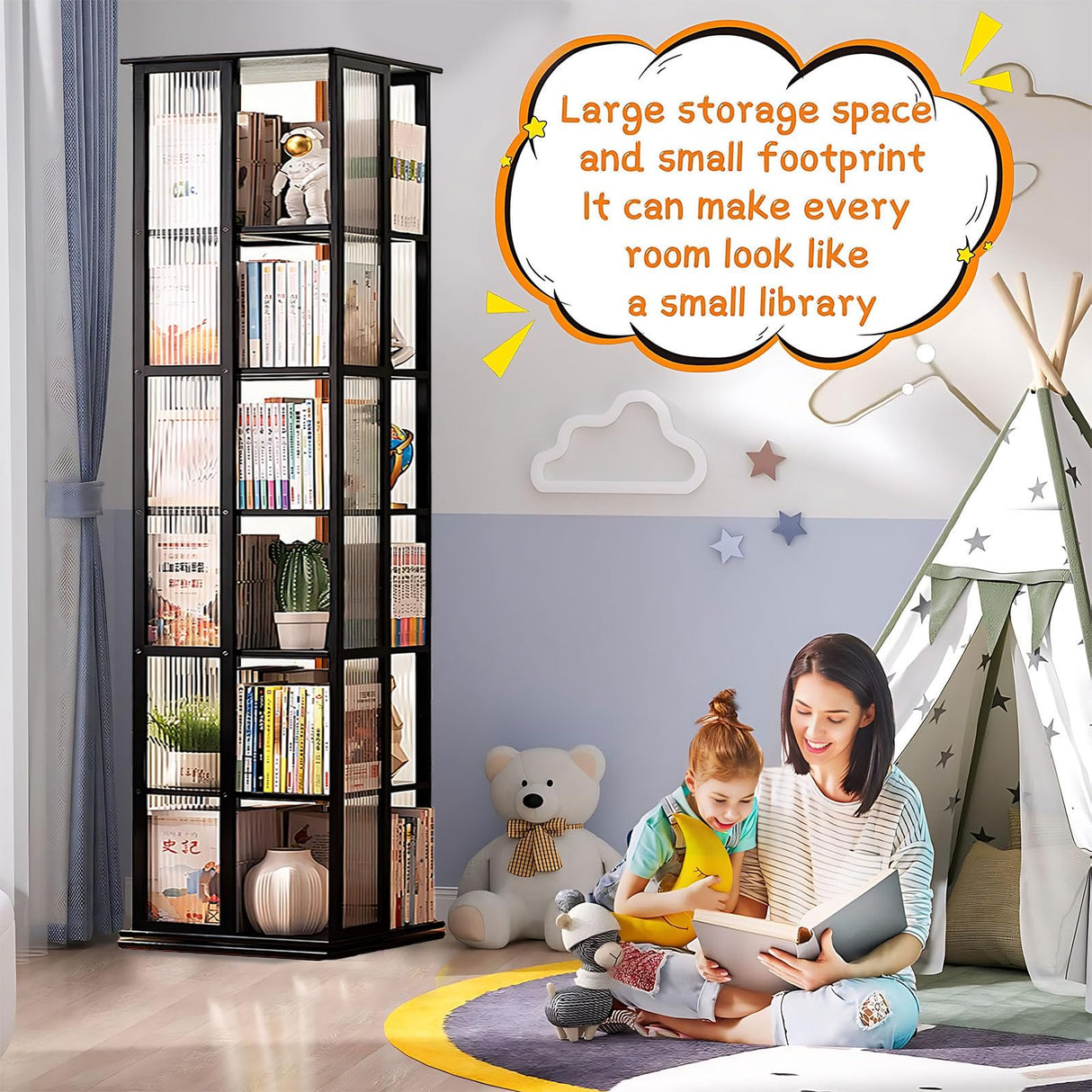 HMBTCRY Rotating Bookshelf, 360 Display Spinning Bookshelf, 6 Tier Rotating Bamboo Bookshelf for Living Room, Bedroom, Study Room (Black) HMBTCRY