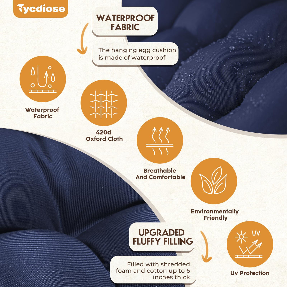 Tycdiose Egg Chair Cushion Replacement, Waterproof Outdoor Hanging Egg Swing Chair Cushions Pads, U-Shaped Thickened Cushions for Hanging Eggs Chair with Ties, 47x33x7 Inches (Blue) Tycdiose