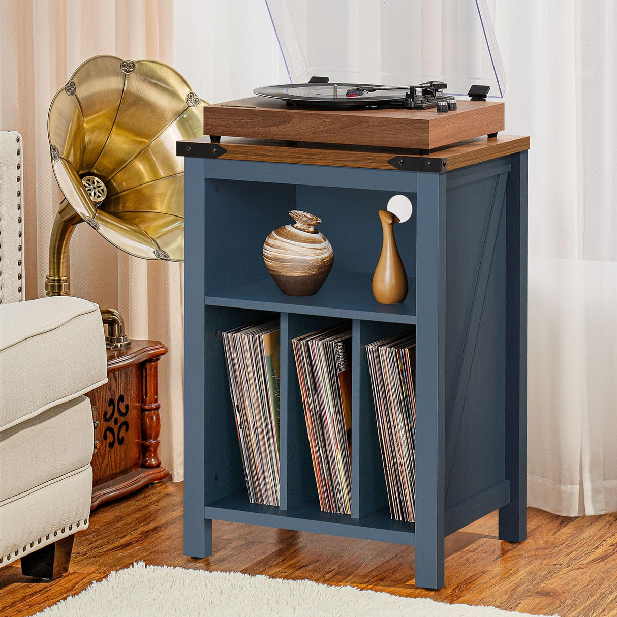 Joaxswe Record Player Stand with Vinyl Record Storage,Navy Blue Record Player Table Holds up to 160 Albums,Large Wood Turntable Stand Cabinet Dispaly Shelf for Living Room,Bedroom,Office Joaxswe