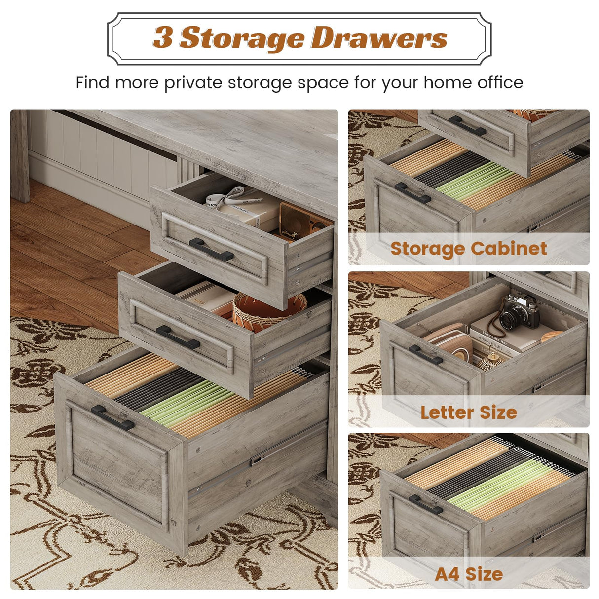 SEDETA 69" L Shaped Desk with Drawers and Storage, Farmhouse Computer Desk with File Drawers and Power Outlet, Corner Executive Desk with Storage Cabinet for Home Office, Grey SEDETA