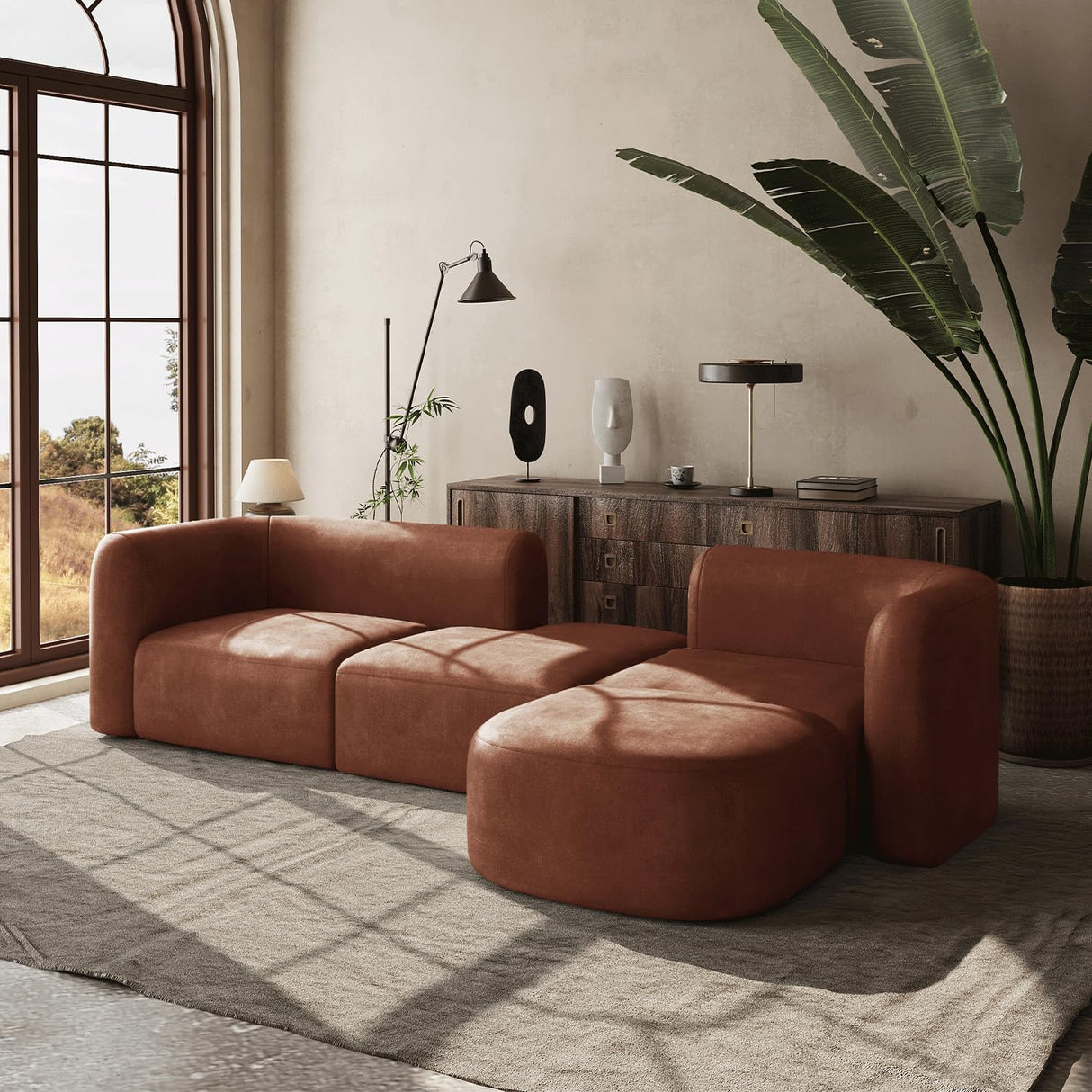 Acanva Luxury Modern Tight Curved Back Velvet Sofa, Minimalist Style Comfy Couch for Living Room Apartment, 4 Seater Modular Sectional, Tangerine Acanva