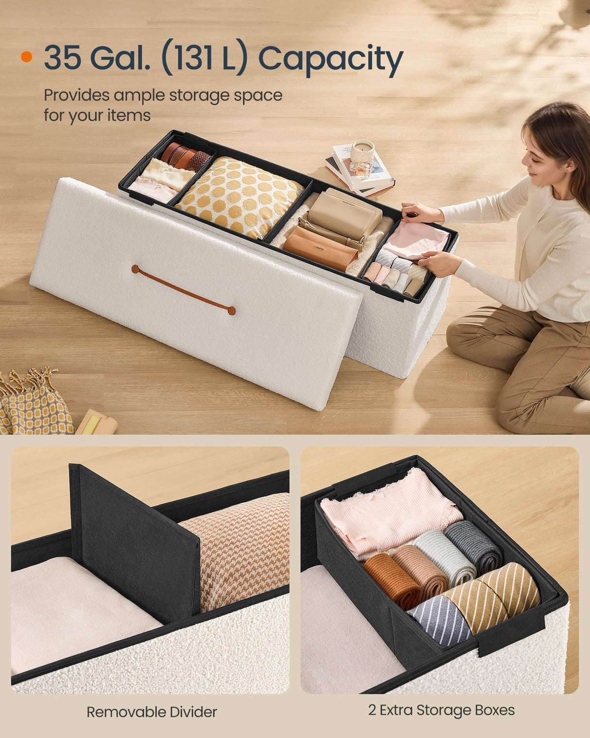 SONGMICS HOME Storage Ottoman Bench, Storage Chest, 15 x 43 x 15 Inches, Foot Rest Stool, End of Bed Bench, Load up to 660 lb, for Living Room, Bedroom, Entryway, Cream White ULSF097W01 SONGMICS HOME