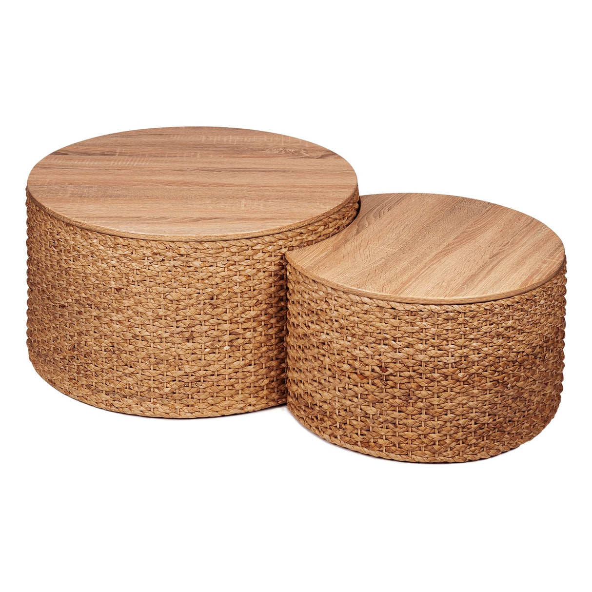 Giofanzo Round Nesting Coffee Table Set of 2 with Storage - Handwoven Wicker Rattan Ottoman Style, Boho Coastal Coffee Tables for Living Room, Rattan Coffee Table with Cushion Base & Solid Wood Cover Giofanzo