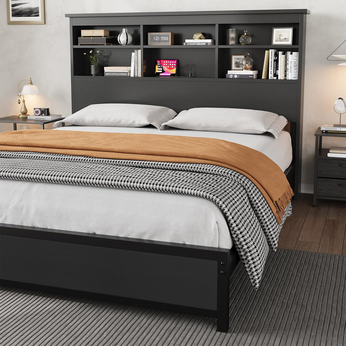 GarveeHome King Size Bed Frame with Bookcase Headboard, 2-Tier Storage King Platform Bed with Charging Station, No Box Spring Needed Easy Assemble Black Mattress Foundation GarveeHome