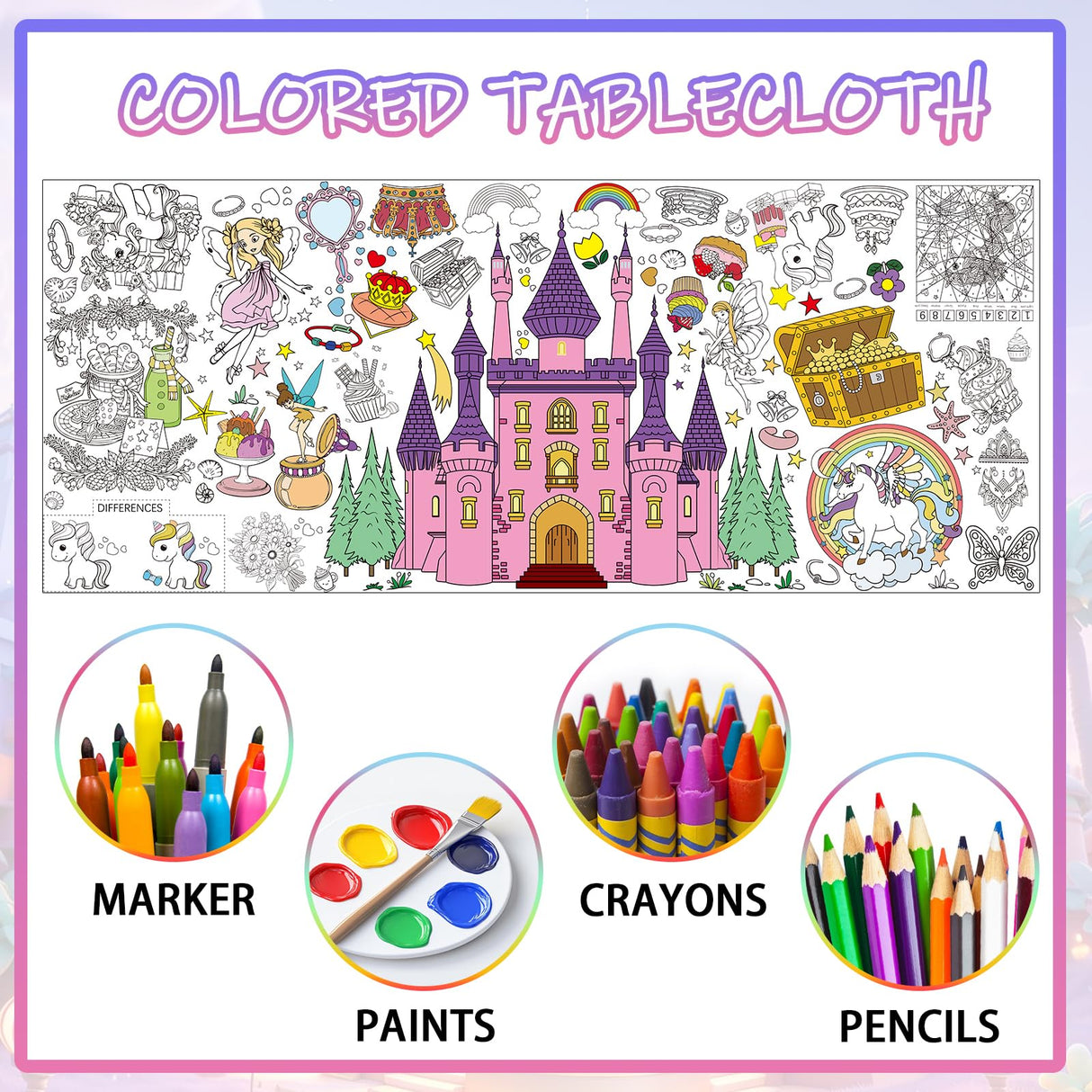 Zhzcncg Princess Party Giant Coloring Poster,30x72 Inch Drawing Paper oloring Table Cloth,DIY Princess Activity Tablecloth Magical Castle for Kids Birthday Themed Wall Home Classroom Party Suppiles Zhzcncg