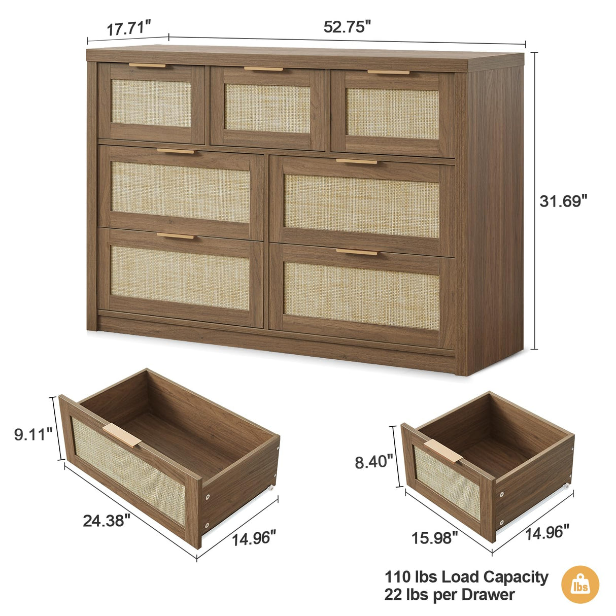 OAKHAM HOME 7 Drawers Dresser, Rattan Dresser TV Stand for Bedroom Closet, Wood Chests of Drawers with Metal Handle and Wide Drawers, 52.76" W x 17.71" D x 31.69" H OAKHAM HOME