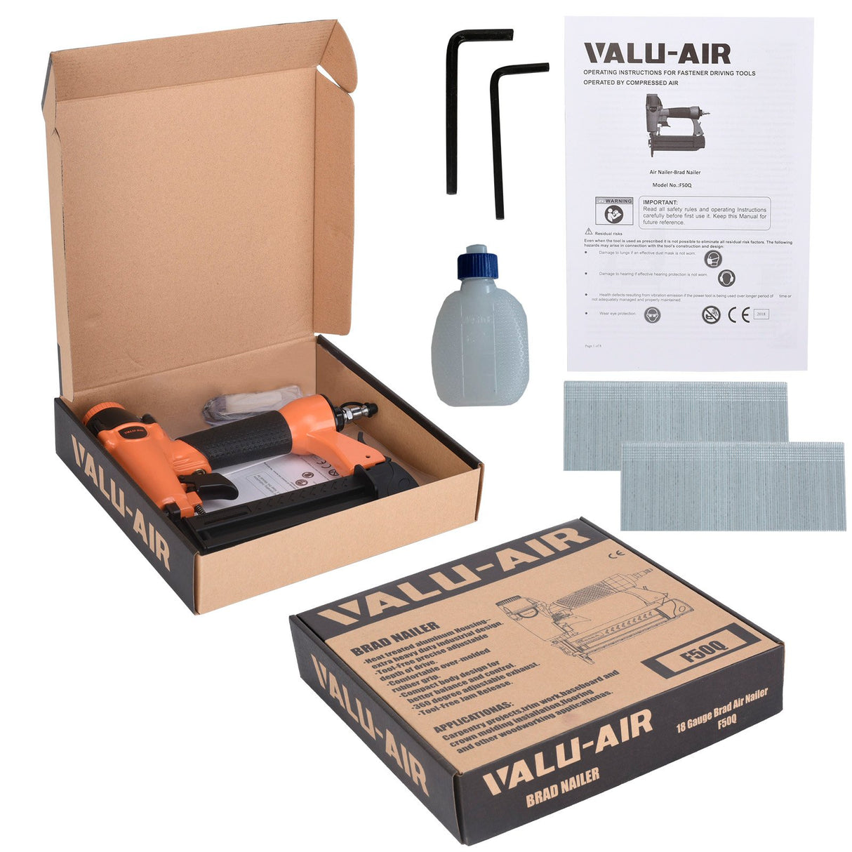 Valu-Air F50Q 18 Gauge Pneumatic Brad Nailer 3/8” to 2” for Cabinet, Trim, Baseboard, Chair Rail, and Finish Work Valu-Air