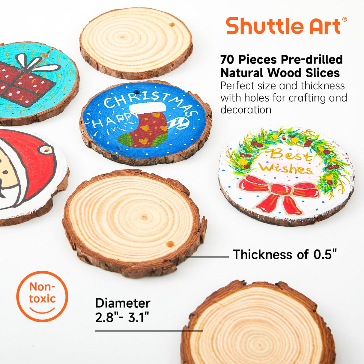 Shuttle Art Natural Wood Slices 70 PCS 2.8-3.1 Inches Craft Wood Ornament Kit, Unfinished Predrilled Wooden Circles with Hole, Jute Twine, Acrylic Paint, Markers for DIY Decoration Shuttle Art