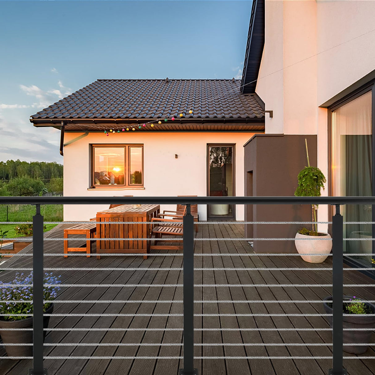 4 Pack Cable Railing Post 36" (Post 36"x2"x2"), Fixed Top Mount Level Drilled Railing Post with Cable Grommets, Adjustable Top Level Line Post Cable Handrail Post, Cable Railing System DIY Kit. HUATOL