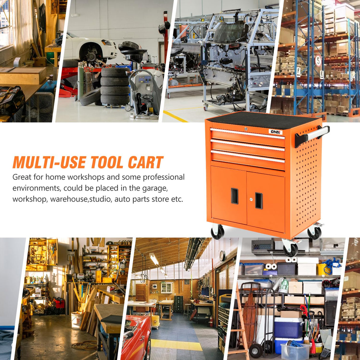 DNA MOTORING 3-Drawers Rubber Top Utility Rolling Tool Chest Cabinet with Wheels, Heavy Duty Industrial Service Cart Keyed Locking System, for Garage Warehouse Workshop, Orange, TOOLS-00405 DNA MOTORING