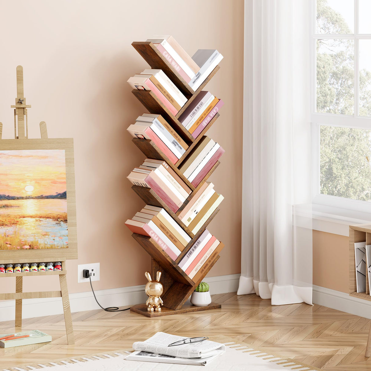 Hoctieon 10 Tier Tree Bookshelf, Tall Bookcase, Freestanding Book Shelf with LED Lights, Display Floor Standing Storage Shelf, Book Organizer Shelves for Home Office, Living Room, Rustic Brown Hoctieon