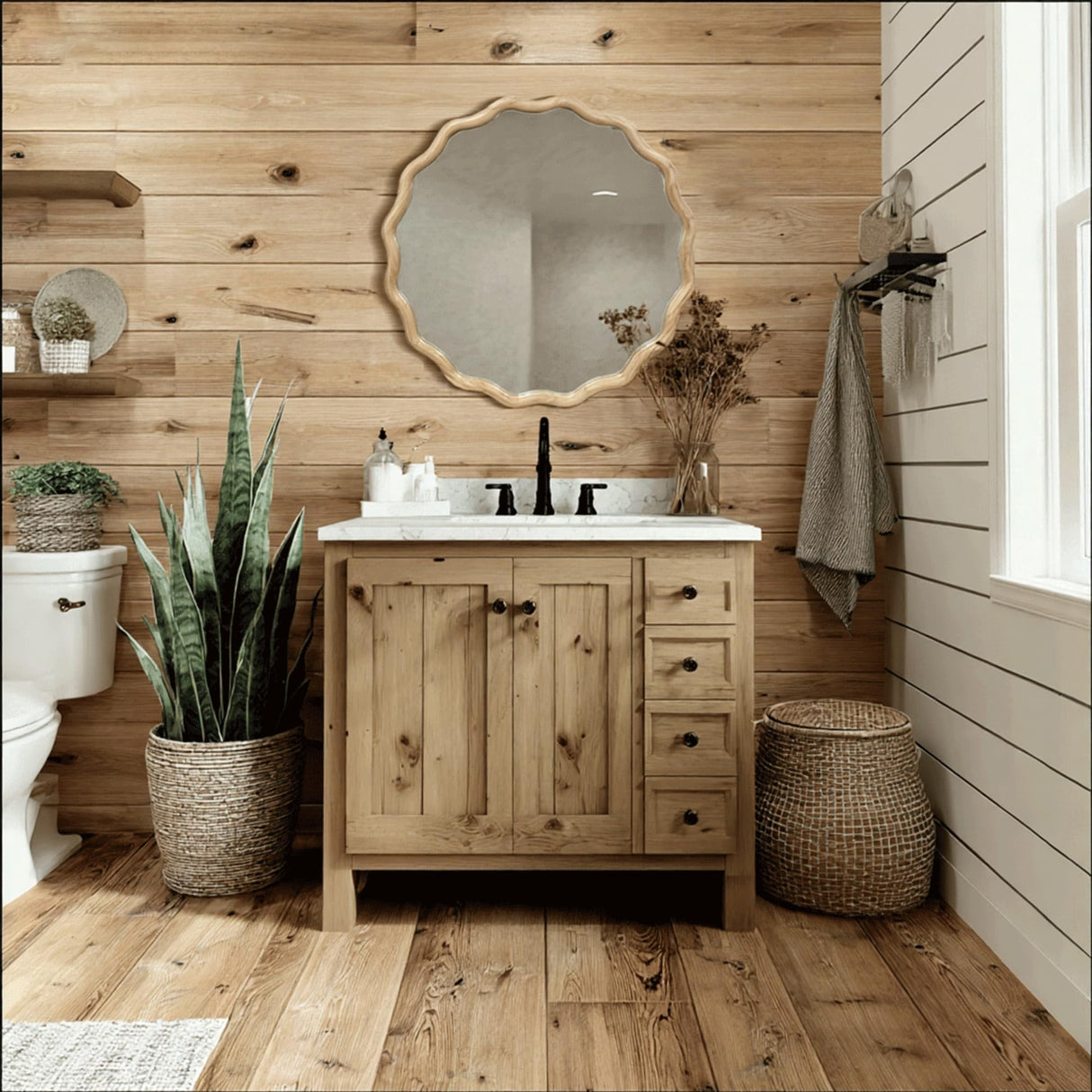 Circle Wood Mirrors for Wall, Wavy Round Bathroom Scalloped Mirror Wooden Frame 24 Inch for Living Room Farmhouse Bedroom Hallway Entryway Living Room with Shatterproof Glass Wall Mounted FGU