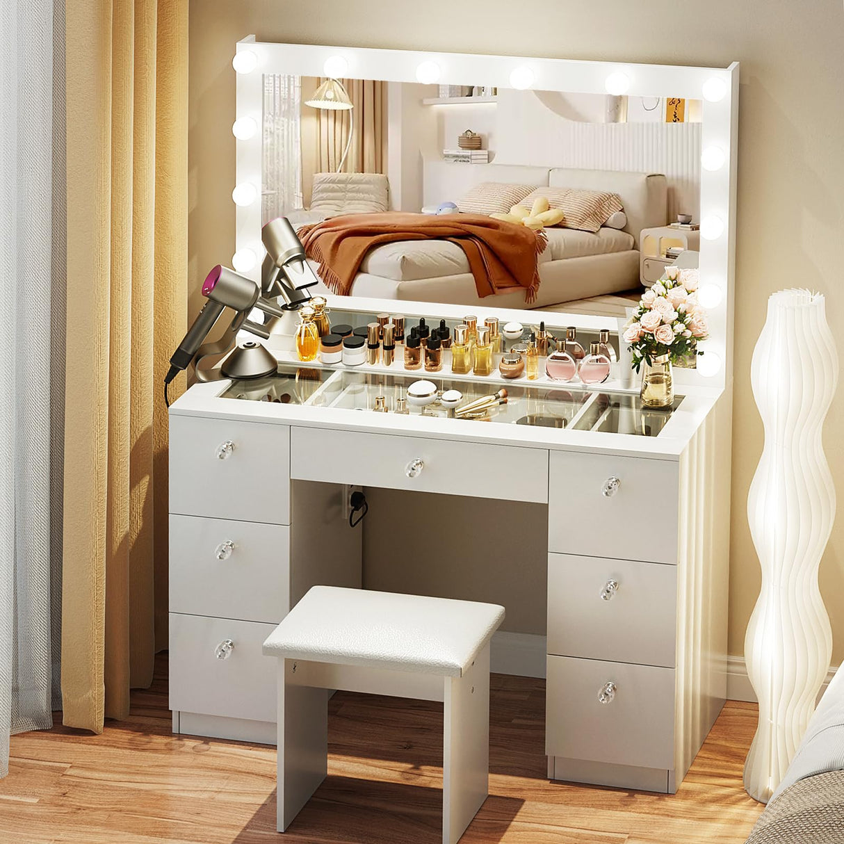 VOWNER Vanity with Lighted Mirror - Makeup Vanity Desk with Glass Top, 7 Drawers and Power Outlet, 3 Color Lighting Modes Adjustable Brightness, 44" Vanity Table with Stool for Women Girls, White VOWNER