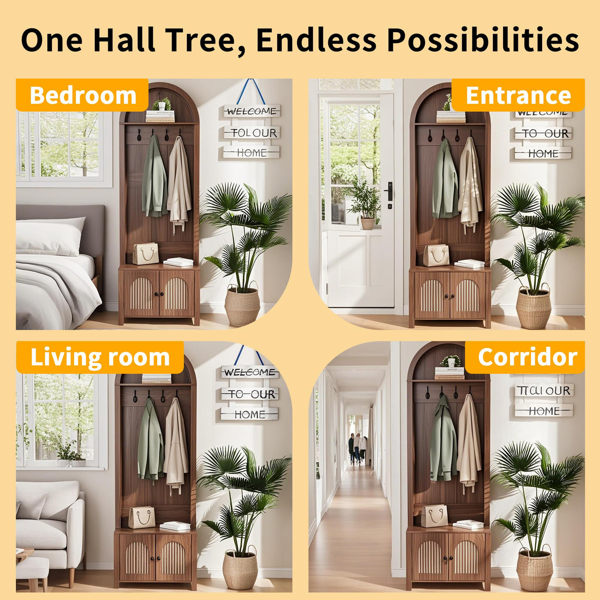 Hall Tree with Bench and Shoe Storage, Entryway Storage Bench with Coat Rack, 70.9"Arch Coat Rack with 4 Hooks and 2 Fluted Doors, Farmhouse Style Furniture Organizer for Hallway (Walnut, 23.7"W) Mxtxmy