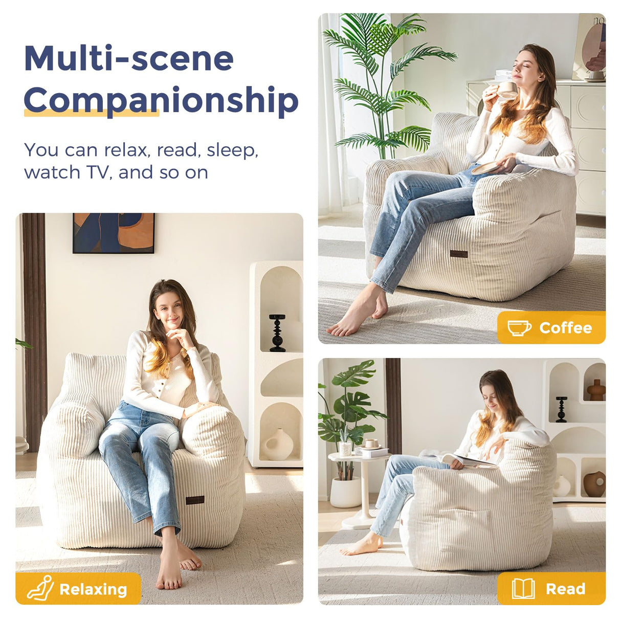 MAXYOYO Corded Bean Bag Chair, Living Room Bean Bag Chair for Adults Kids, Tufted Lazy Couch Lazy Sofa for Living Room, Stuffed with Filler MAXYOYO