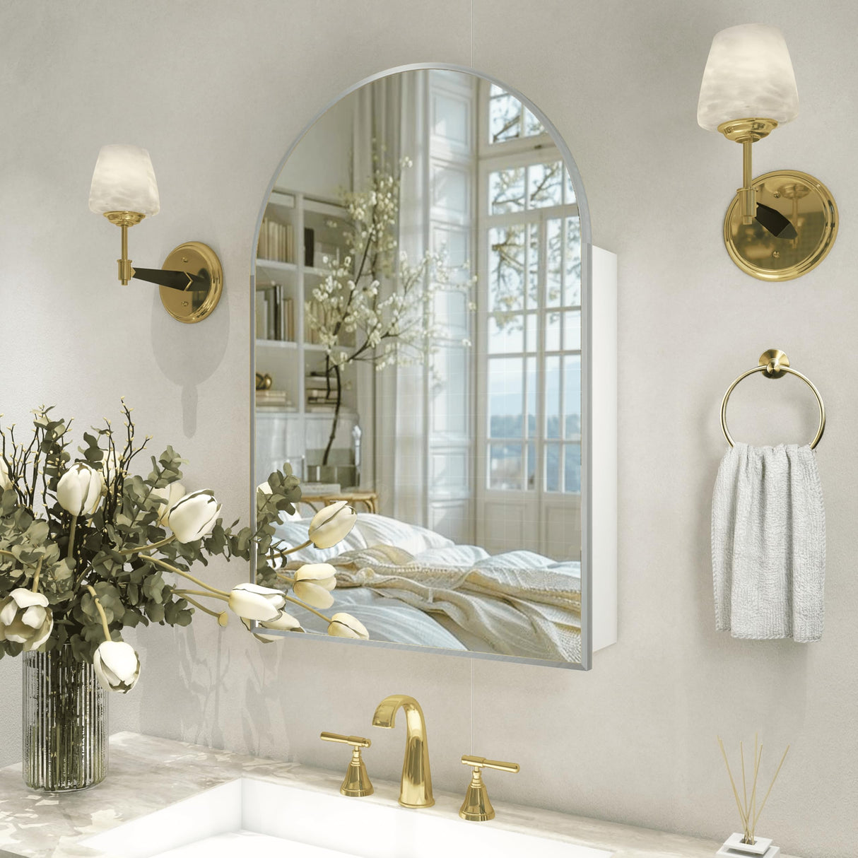 FUNFOLLOW Silver Medicine Cabinet with Mirror,Bathroom Arched Medicine Cabinet Wall Mounted, Modern Vanity Mirror with Storage,Bathroom Storage Cabinet with Adjustable Shelves,Not Recessed,24x36 Inch FUNFOLLOW