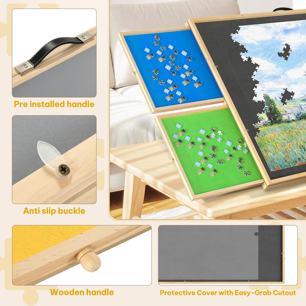 DWVO 2 in 1 Puzzle Board with Drawers, 2000 Pieces Tilting Puzzle Board with Spinning Lazy Susan, Rotating Puzzle Table with Drawers and Cover, Wooden Jigsaw Table for Puzzle Enthusiasts DWVO