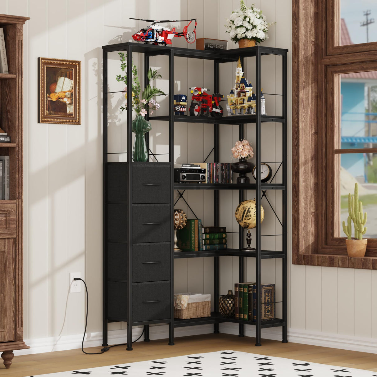 AFLUI Corner Bookshelf with LED Light Strips & 4 Fabric Drawers, 5-Tier Convertible Corner Shelf with Display Shelf, Large Wood Industrial Bookcase for Living Room, Bedroom, Home Office, Black AFLUI