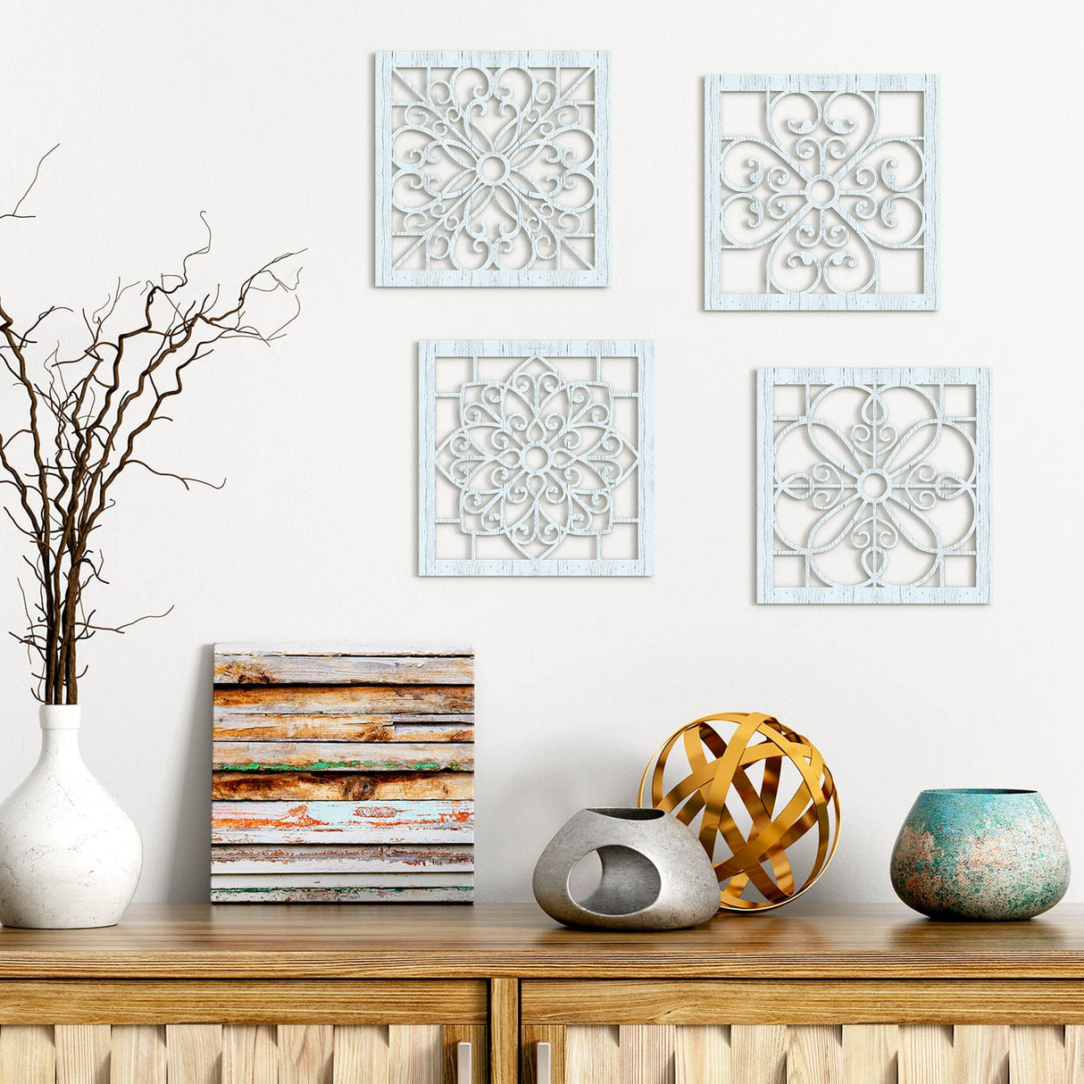 Yulejo 4 Pieces Thicken Rustic Wall Decor Farmhouse Wall Art Decor Wooden Hollow Carved Design Rustic Wall Art for Living Room Bedroom Hallway Decor Office Kitchen Wall Decoration (Light Cyan) Yulejo