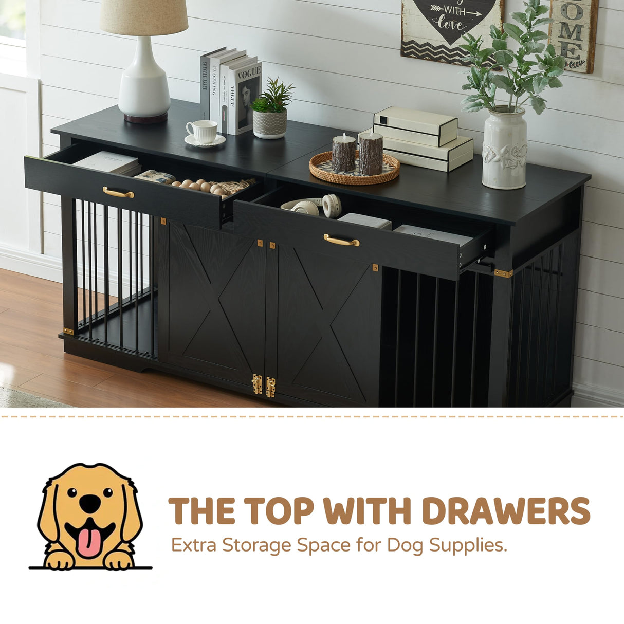 EDYO LIVING Extra Large Furniture Style Double Dog Crates, 72.5" Farmhouse Wooden Dog Kennel Furniture with Drawers, Divider, Water Resistant & Barn Door for 2 Dogs, Black EDYO LIVING