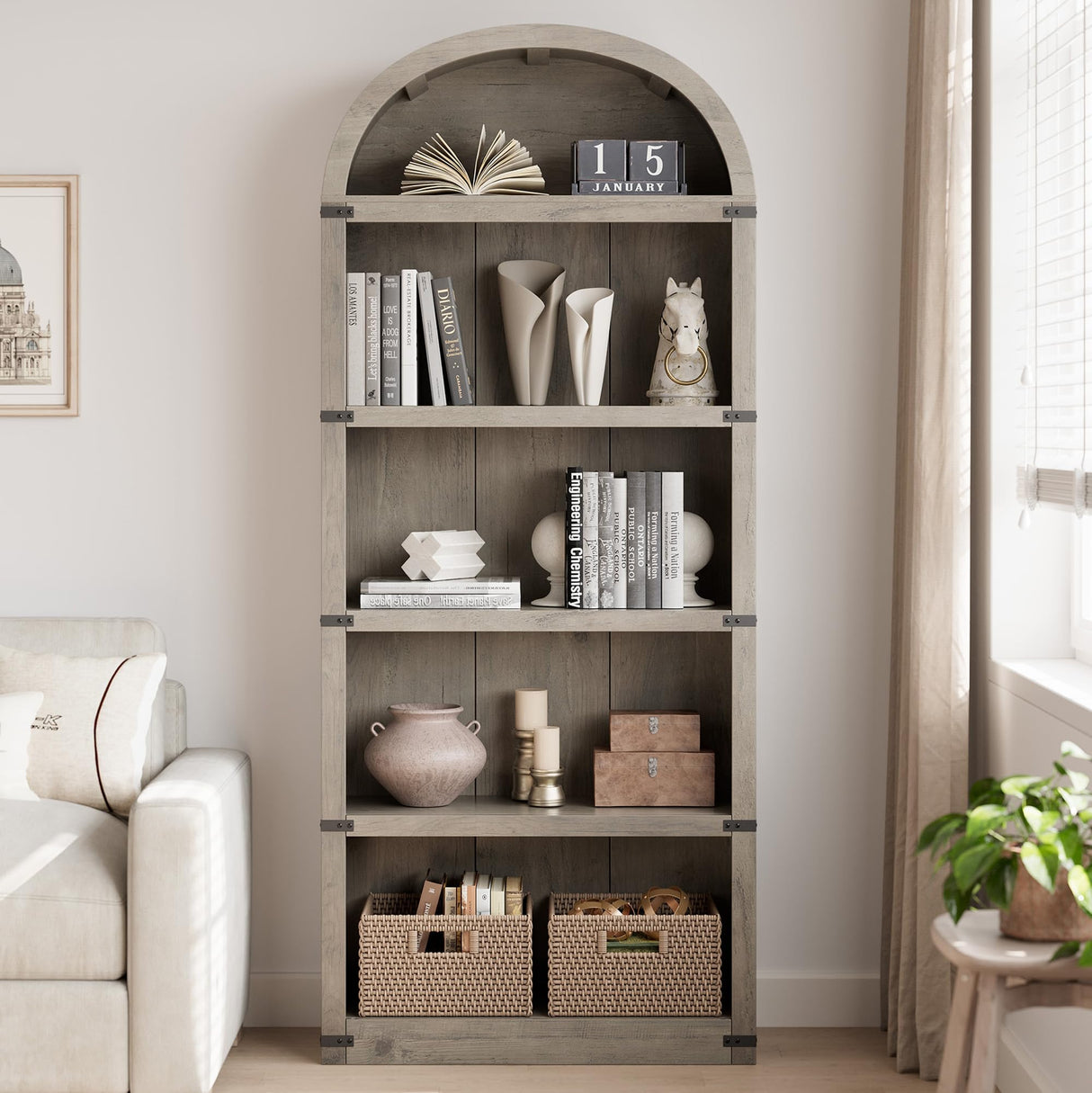 GarveeHome Bookcase 5 Shelf Arched Bookshelf 71.65 in Tall Bookcase Farmhouse Display Storage Rack Wooden Bookshelves for Home Office, Living Room (Rustic Gray) GarveeHome