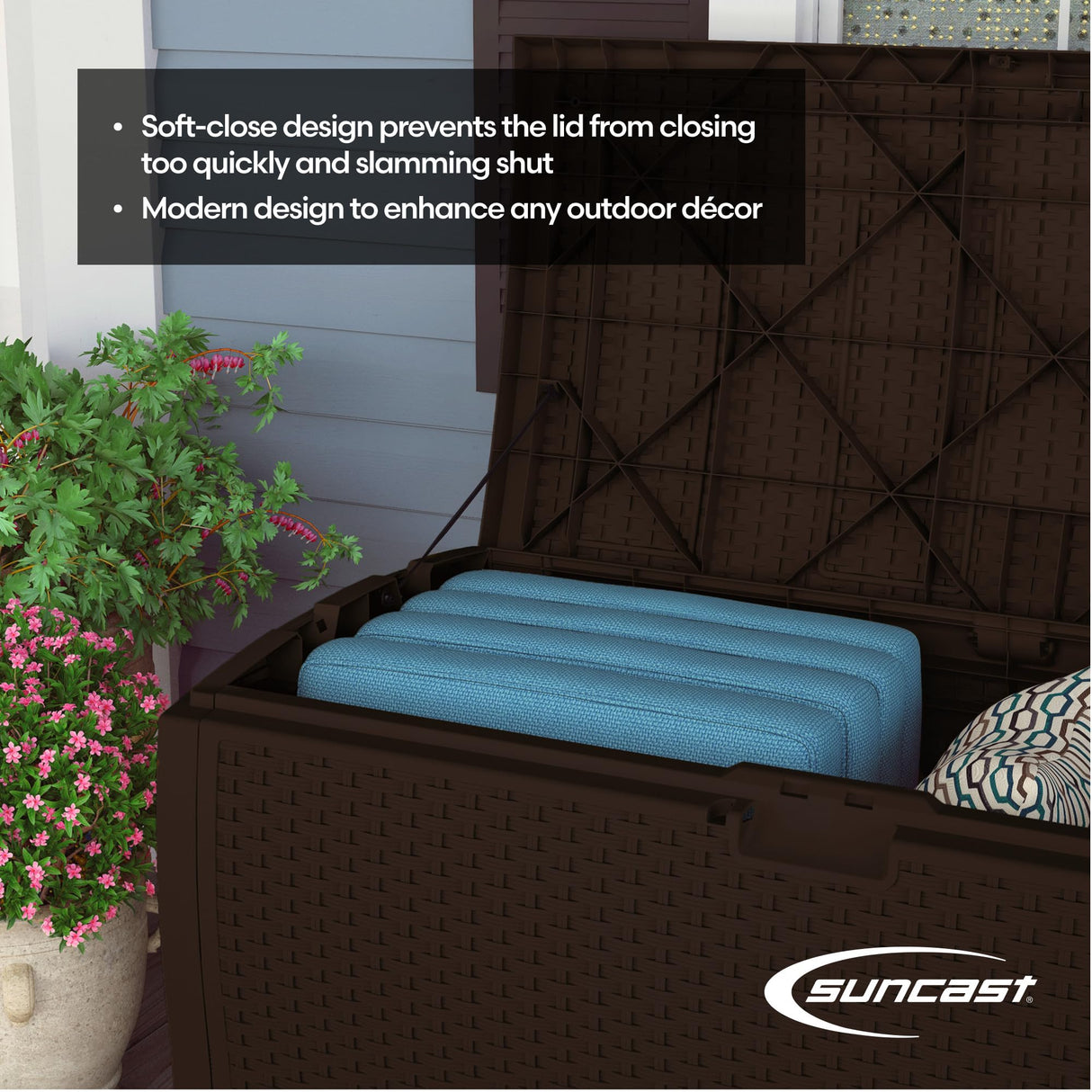 Suncast DBW9200 99 Gallon Outdoor Wicker Plastic Patio Storage Chest Bin with Handles for Patio, Garden, Garage, or Pool for All Weather, Mocha Suncast