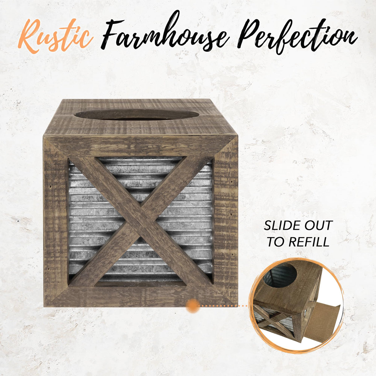 Autumn Alley Barn Door Rustic Square Farmhouse Tissue Box Cover, Farmhouse Bathroom Accessories, Rustic Bathroom Décor Tissue Holder, Wood Tissue Box Cover with Galvanized Decor Autumn Alley