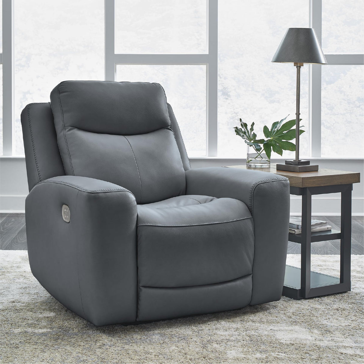 Signature Design by Ashley Mindanao Contemporary Leather Match Upholstered Power Recliner with Adjustable Headrest, Gray Signature Design by Ashley